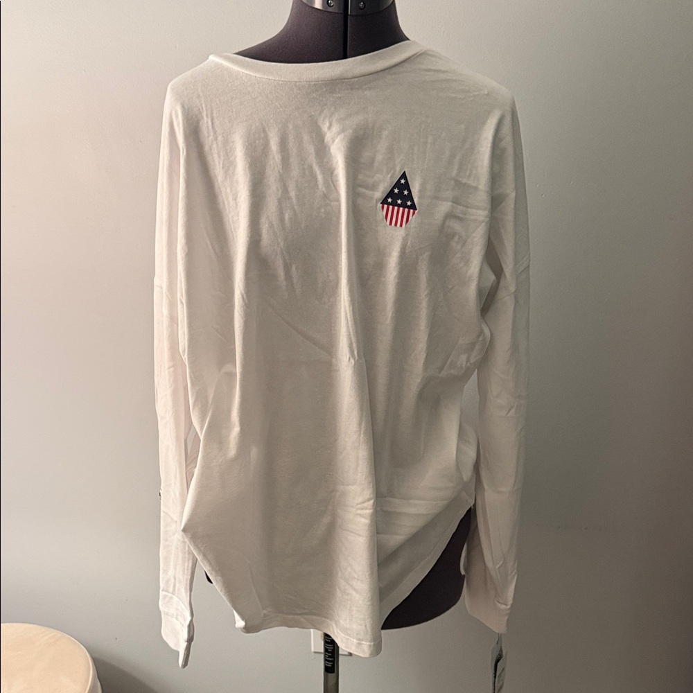 Volcom White Long Sleeve Tee with Flag Accent. US snowboard Team